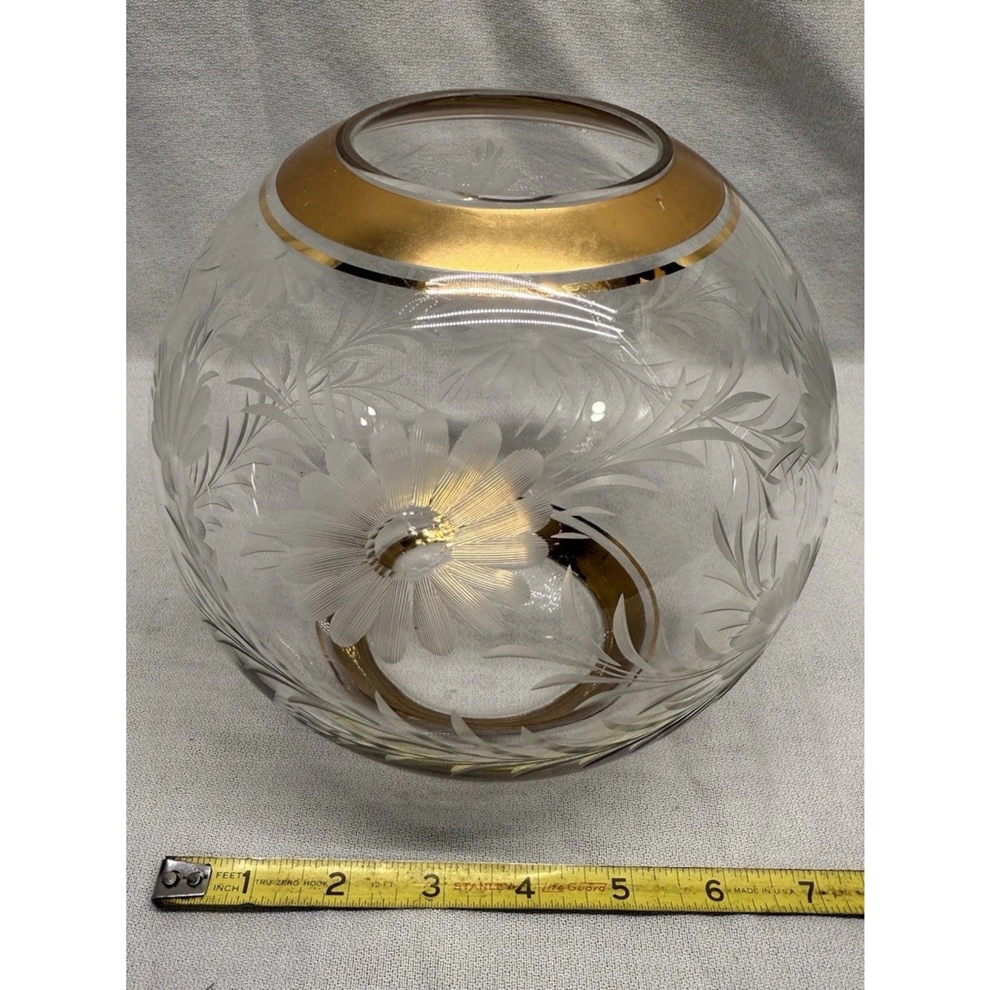 Rare Mid Century Clear Glass Round Vase Etched Flowers Gold Rim On Top & Bottom