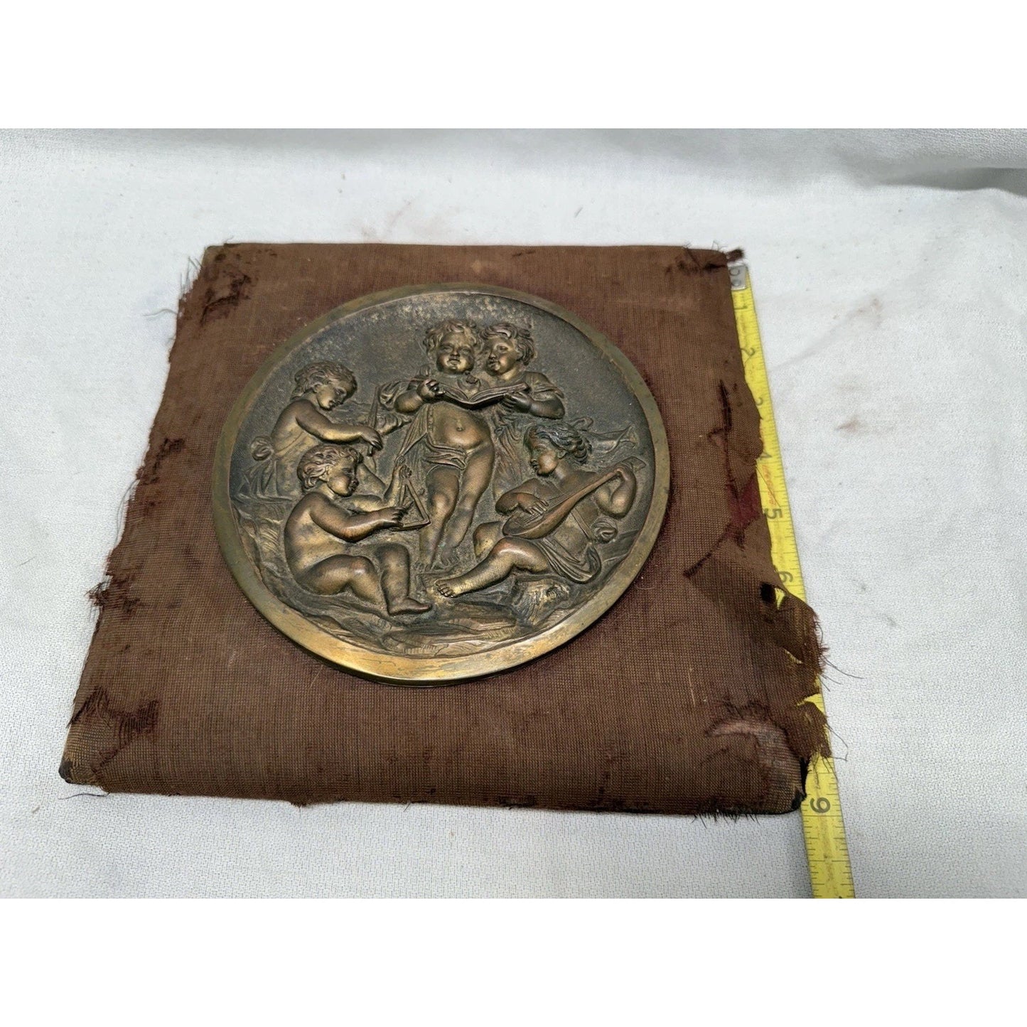 Rare Antique Bronze 5 Cherubs Playing Instruments relief Plaque Wall Hanging 9”