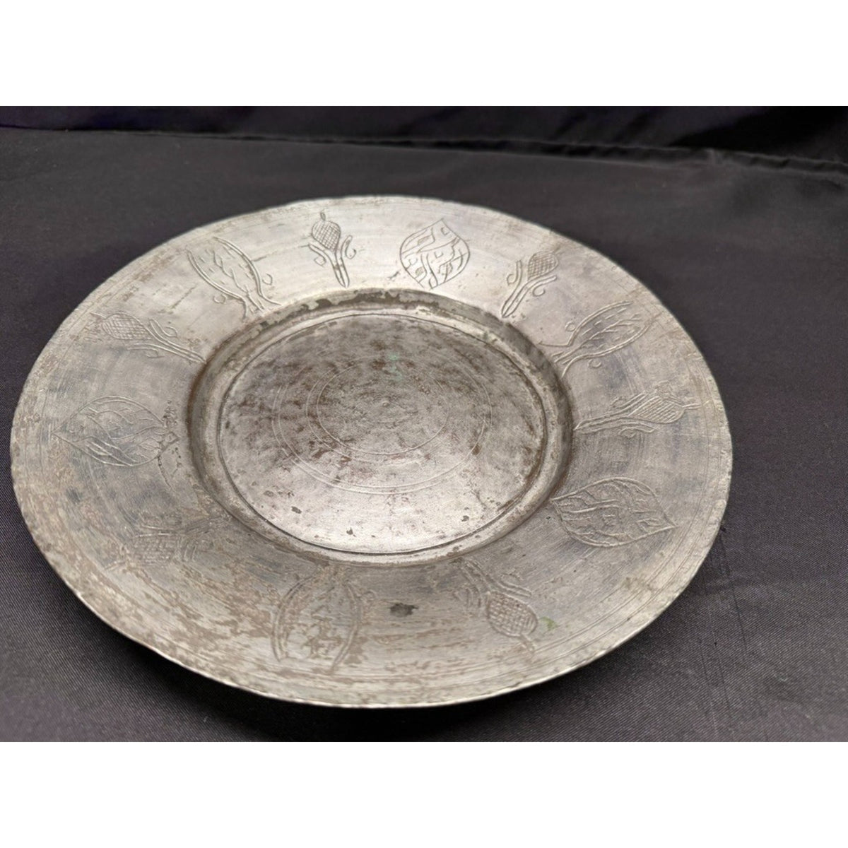 Antique Egyptian Tin Coated Copper Plate 10.25" Round Hand Forged Engraved Decor