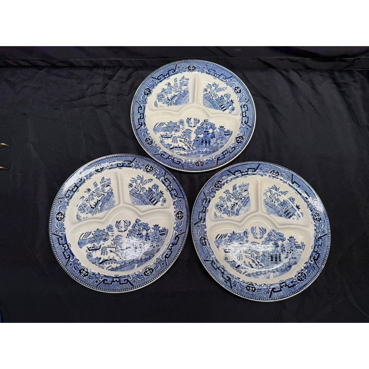 Set of 3 Blue Willow Divided Plates/Grill Plates Made in Poland 10.75" Vintage